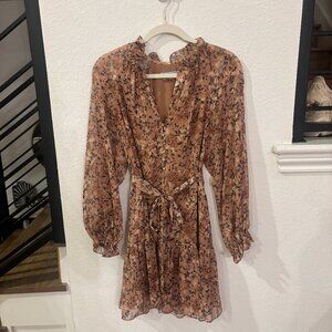 Antonio Melani Tan Floral Bell Sleeve Tie Waist Dress